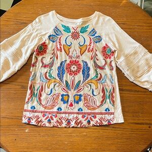 Cato Cream, Red, and Teal Embroidered Top with fringe sleeve detailing Small